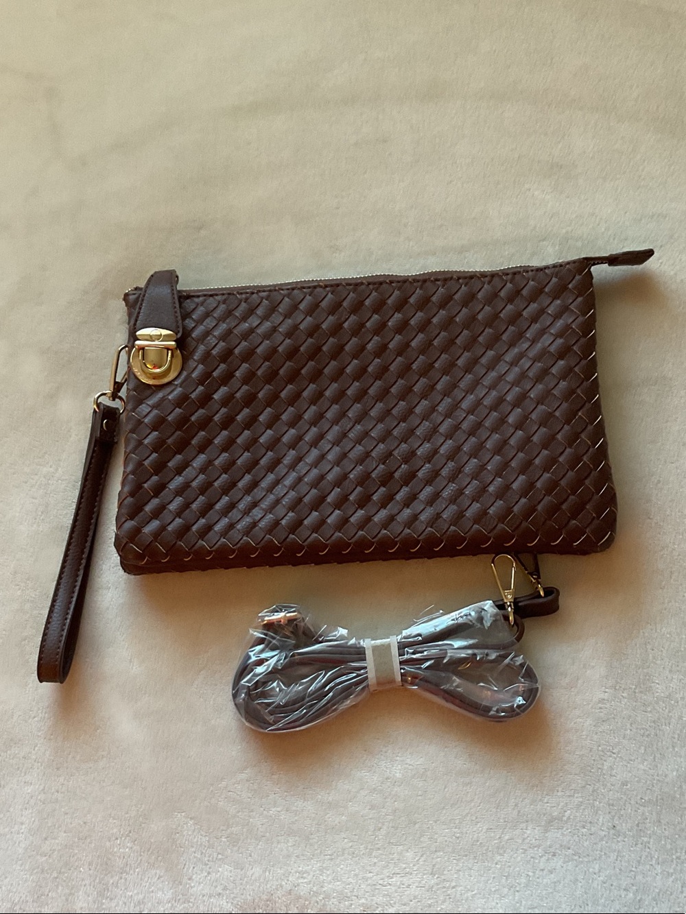 Woven Wristlet Clutch in Dark Brown with Gold Hardware